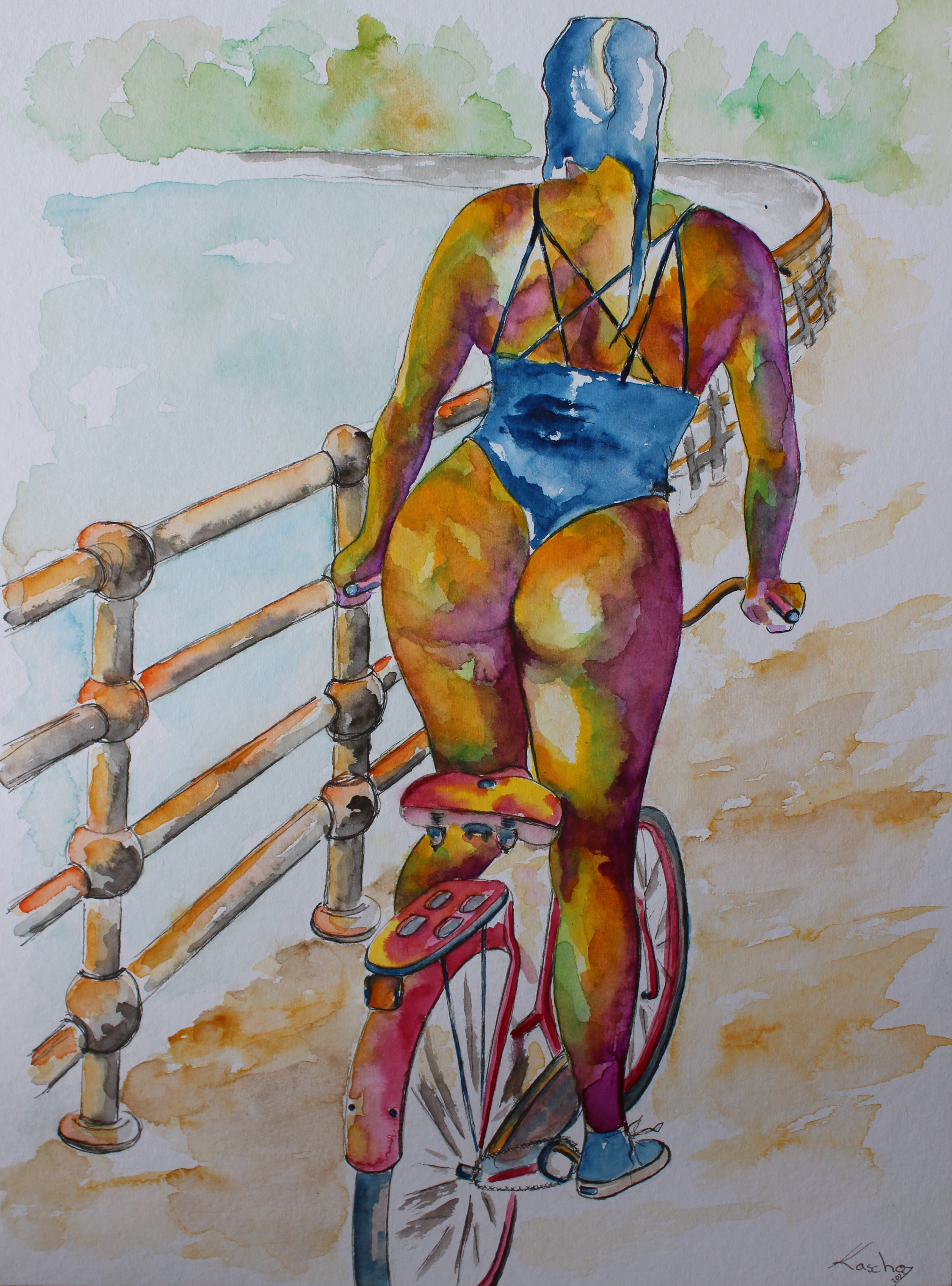 Cyclist Original Watercolor Painting, 30 x 40 cm